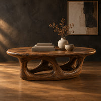 Oval coffee table with a thick edge and hollow arch base in a dark studio against a charcoal plaster wall