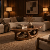 Oval coffee table with a thick edge and hollow arch base in an evening living room with walnut wall paneling