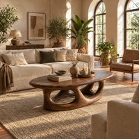 Oval coffee table with a thick edge and hollow arch base in a bright living room with arched windows and plants