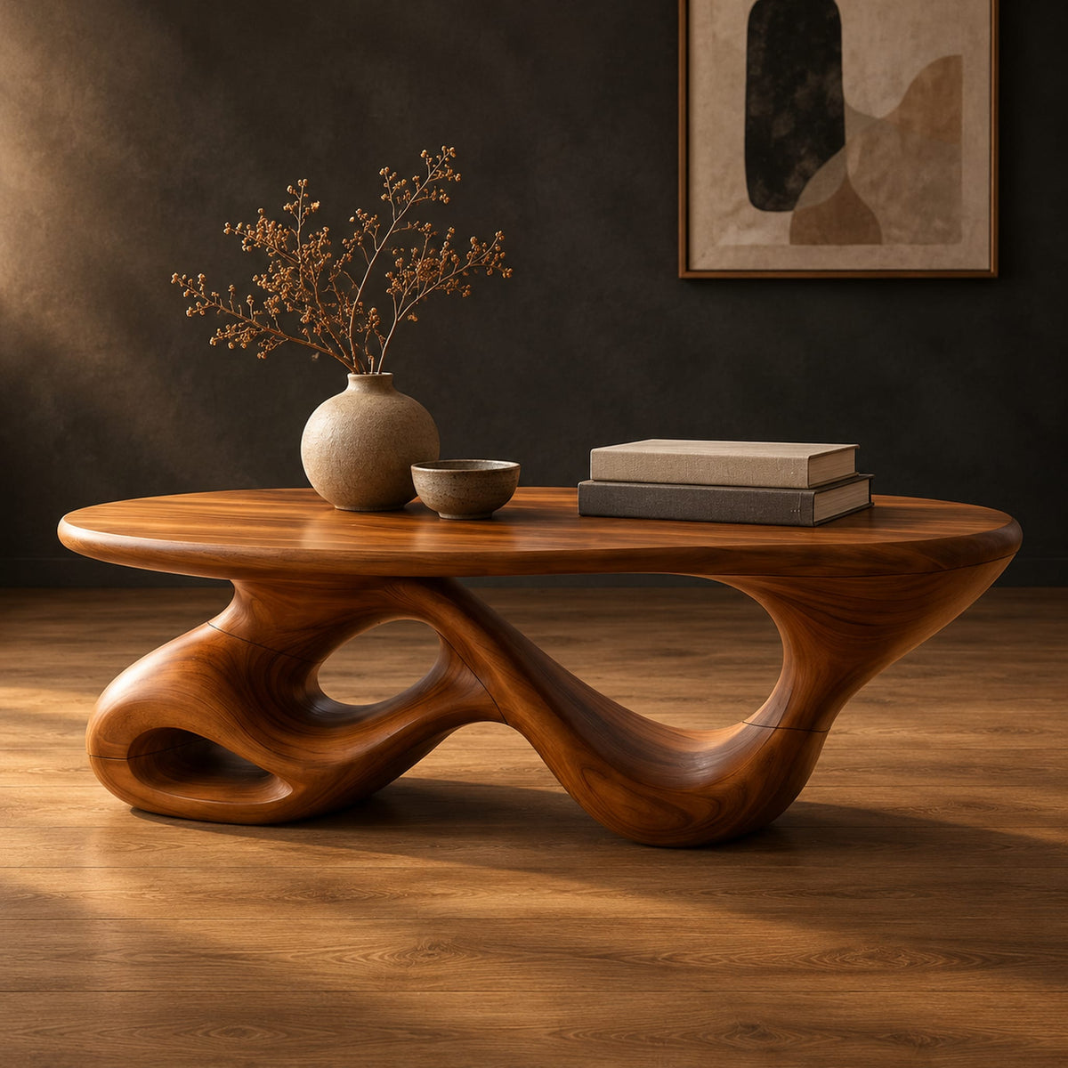 Oval coffee table on a twisting ribbon base with open loops in a dark studio against a charcoal plaster wall