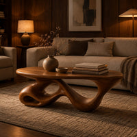 Oval coffee table on a twisting ribbon base with open loops in an evening living room with walnut wall paneling