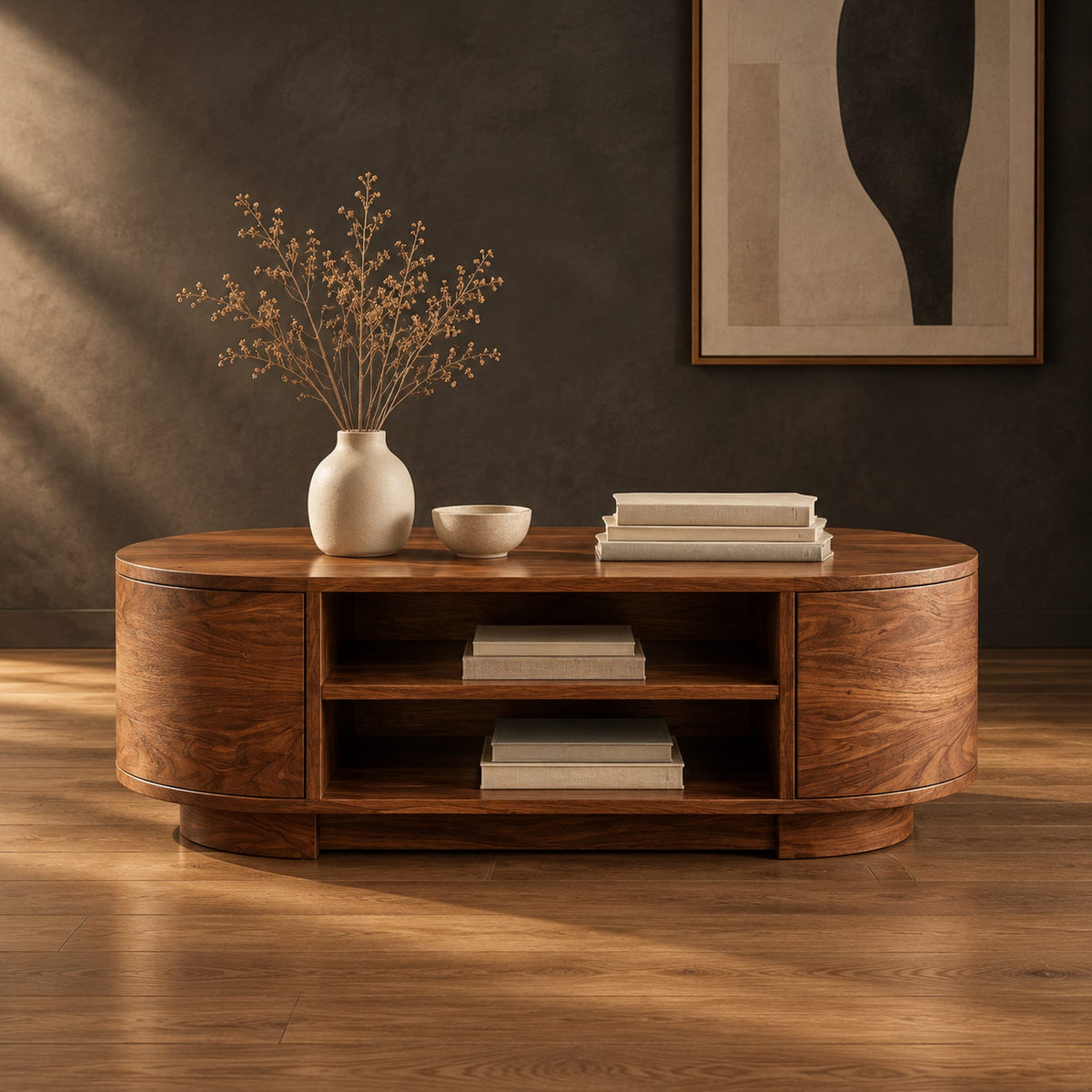 Oval coffee table with two open shelves and curved drum ends in a dark studio against a charcoal plaster wall