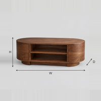 Oval Coffee Table With Two Open Shelves, Curved Drum Ends dimension diagram with width, height and depth