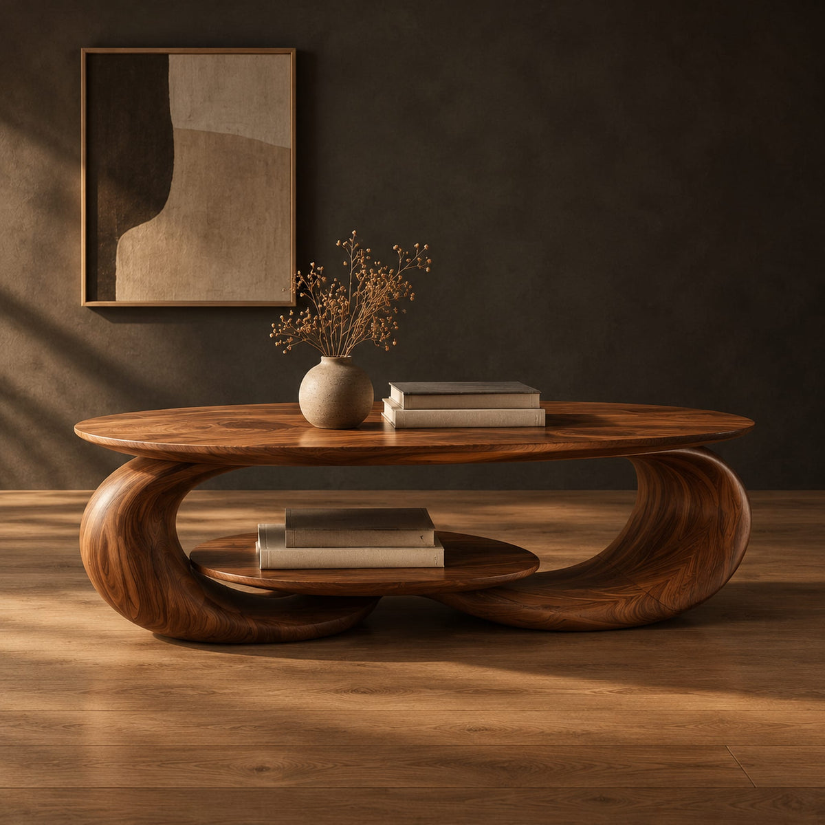 Oval coffee table on two curled legs with a small oval shelf below in a dark studio against a charcoal plaster wall