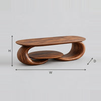 Oval Coffee Table With Two Sweeping Curled Legs And Lower Shelf dimension diagram with width, height and depth