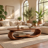 Oval coffee table on two curled legs with a small oval shelf below in a bright living room with arched windows and plants