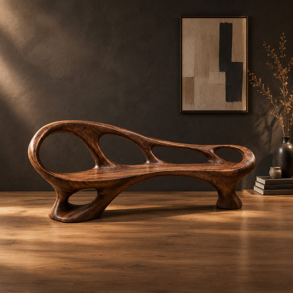 Oval Cutout Bench With Flowing Sculpted Wood Frame