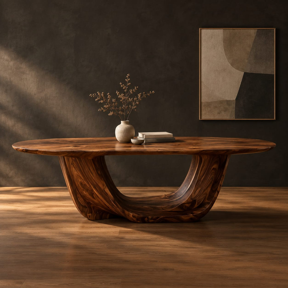 Oval dining table on a U shaped sculpted pedestal base in a dark studio against a charcoal plaster wall