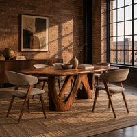 Oval dining table with a thick top and sculpted zigzag supports in an industrial loft dining room with exposed brick