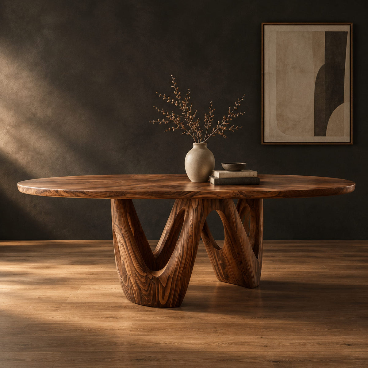 Oval dining table on a sculpted open base shaped like a w in a dark studio against a charcoal plaster wall