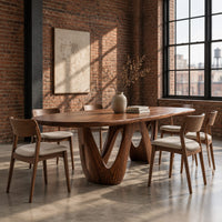 Oval dining table on a sculpted open base shaped like a w in an industrial loft dining room with exposed brick