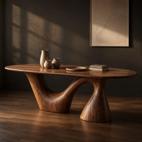 Oval dining table on a sweeping arm base and a tall cone column, three-quarter view showing the grain