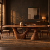 Oval dining table on a sweeping arm base and a tall cone column in a dark dining room at golden hour