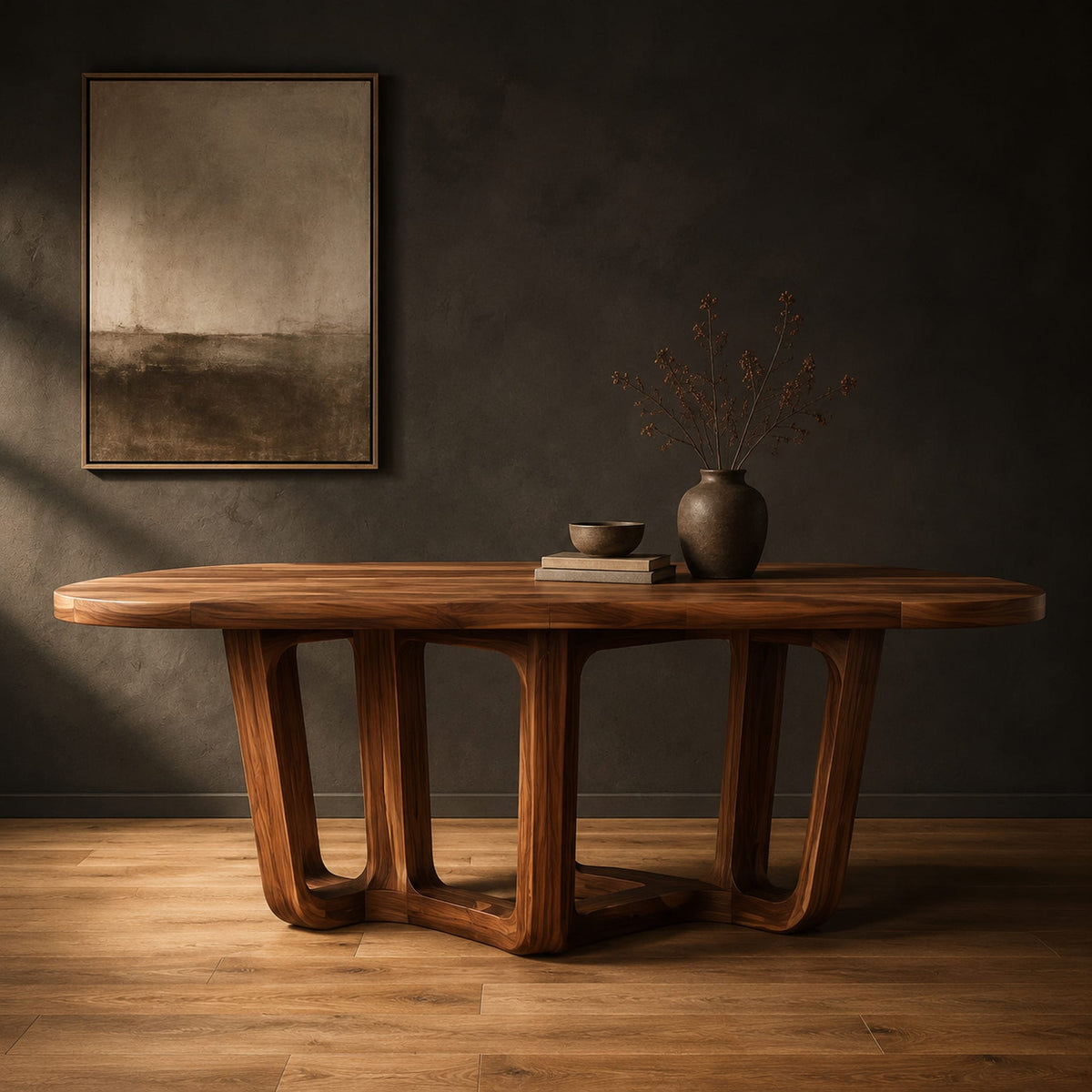Oval dining table with sculpted arched legs joined by a low floor loop in a dark studio against a charcoal plaster wall