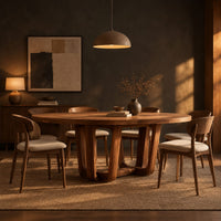 Oval dining table with sculpted arched legs joined by a low floor loop in a dark dining room at golden hour