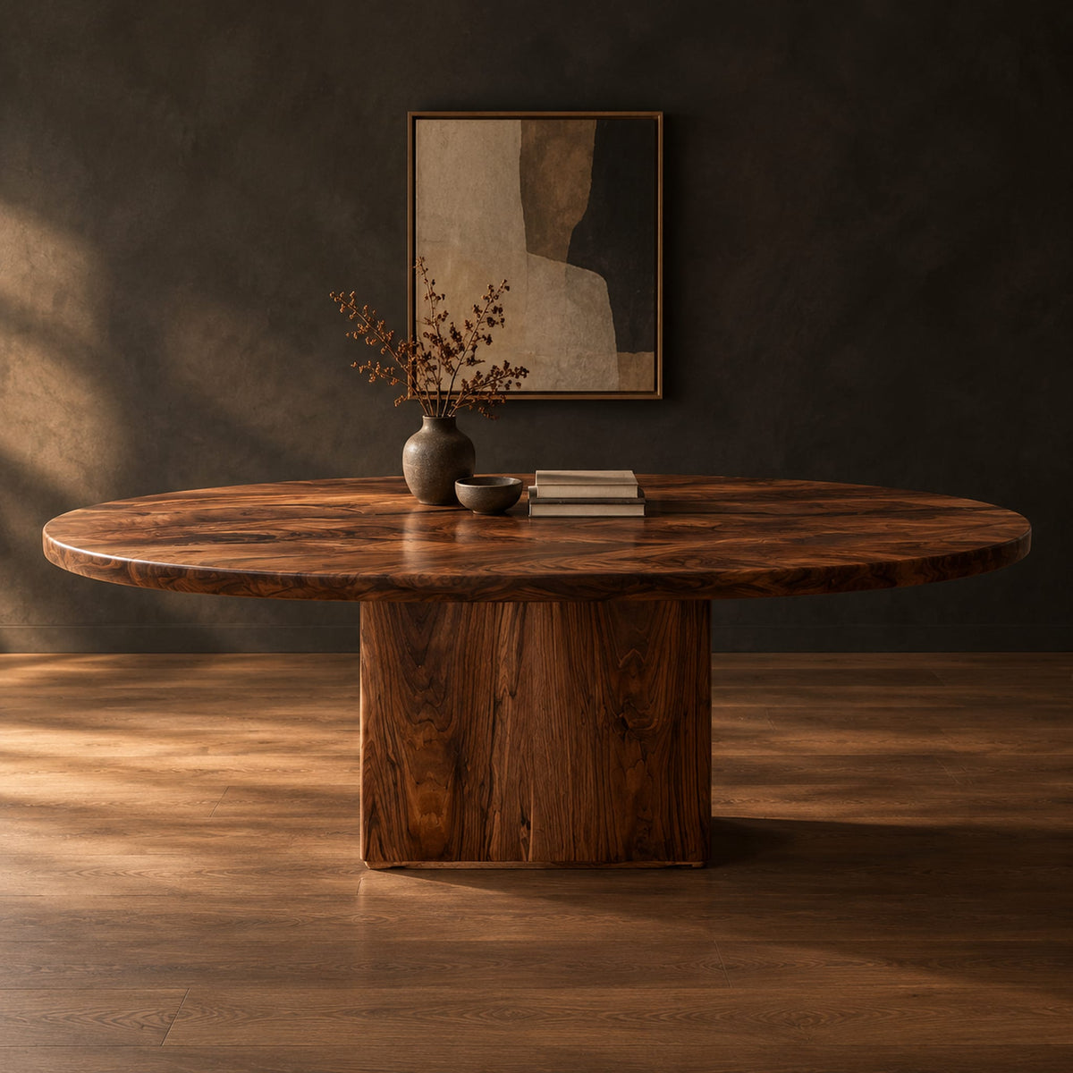 Oval dining table with a thick edge and two broad slab legs in a dark studio against a charcoal plaster wall