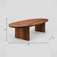 Oval Dining Table With Thick Edge And Two Broad Slab Legs dimension diagram with width, height and depth