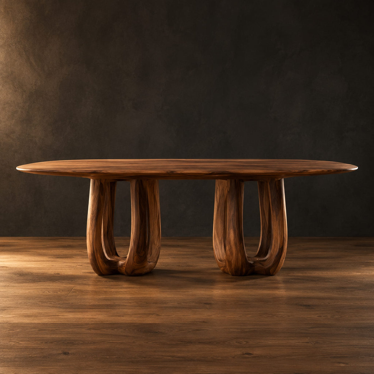 Oval dining table on two pedestal bases with tall arched openings in a dark studio against a charcoal plaster wall