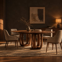 Oval dining table on two pedestal bases with tall arched openings in a dark dining room at golden hour