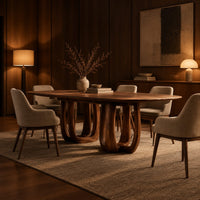 Oval dining table on two pedestal bases with tall arched openings in an evening dining room with walnut wall paneling