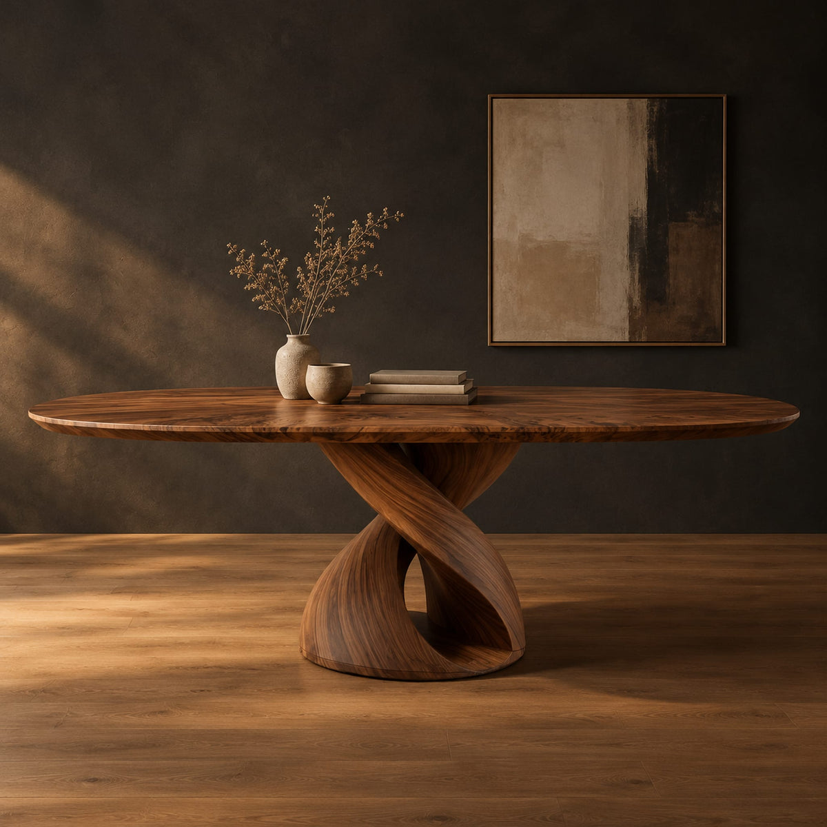 Oval dining table with a twisting ribbon pedestal and a hollow center in a dark studio against a charcoal plaster wall