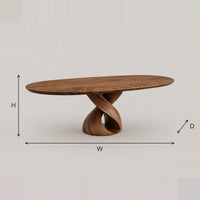 Oval Dining Table With Twisting Ribbon Pedestal Base dimension diagram with width, height and depth