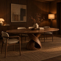 Oval dining table with a twisting ribbon pedestal and a hollow center in an evening dining room with walnut wall paneling
