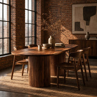 Oval dining table with two fluted cylinder bases in an industrial loft dining room with exposed brick