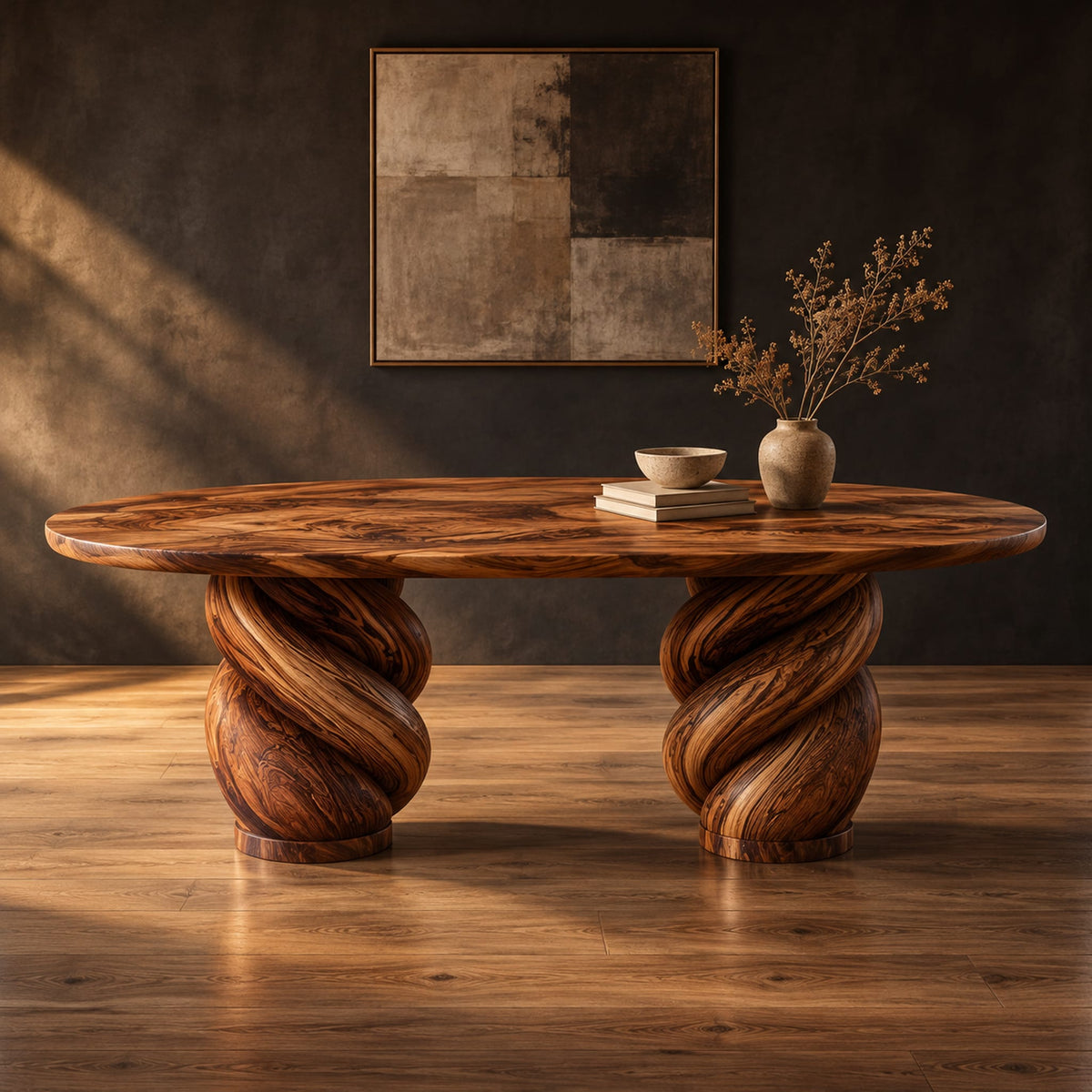 Oval dining table with two twisted rope pedestal bases in a dark studio against a charcoal plaster wall