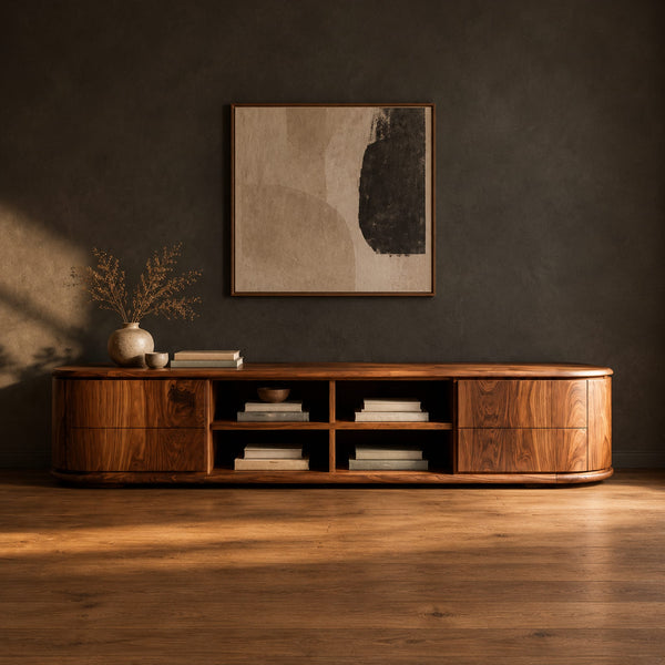 Oval Ended TV Stand With Open Cubbies And Stacked Front Panels