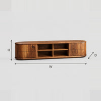 Oval Ended TV Stand With Open Cubbies And Stacked Front Panels dimension diagram with width, height and depth