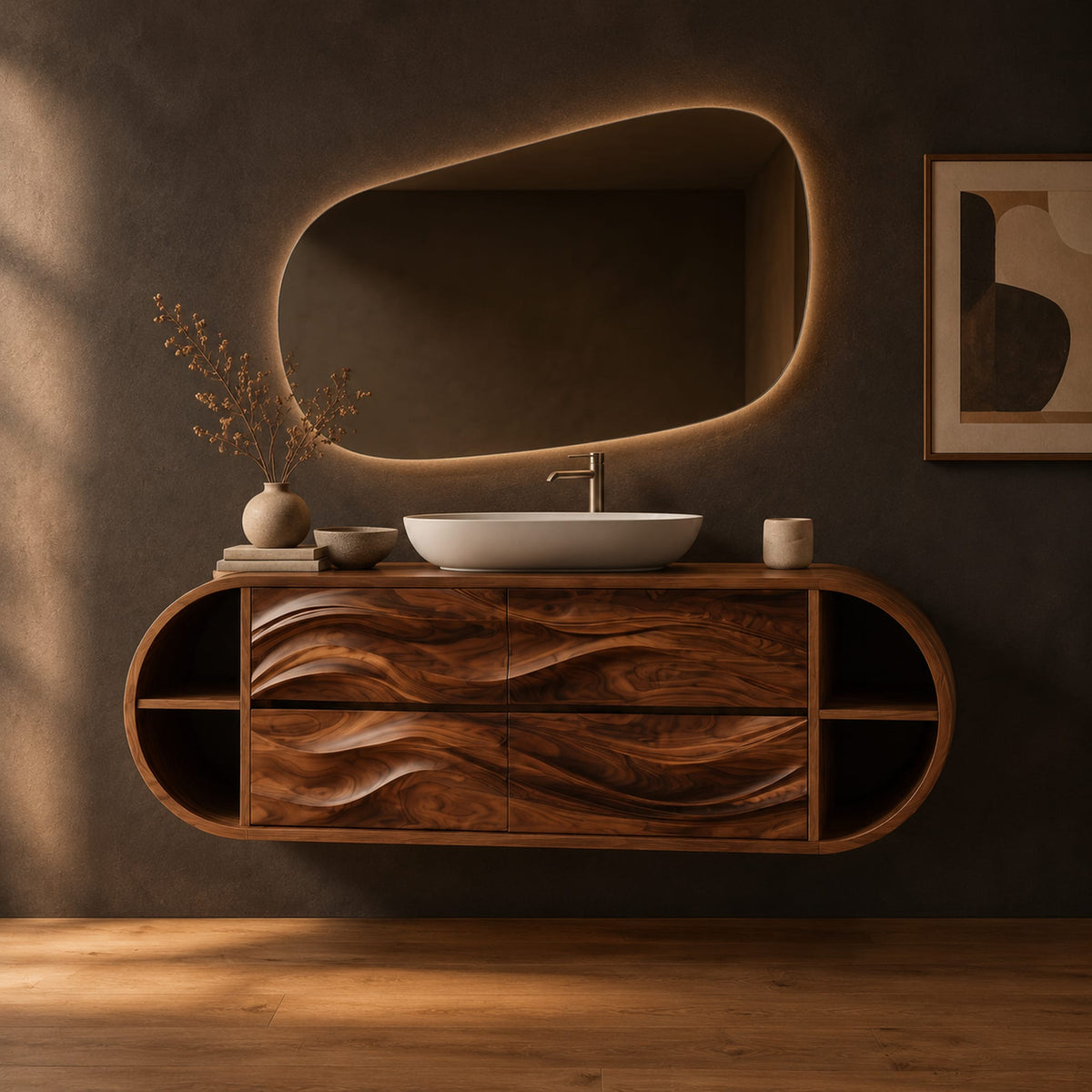Oval floating cabinet with four carved wave panels and open end shelves in a dark studio against a charcoal plaster wall