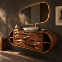 Corner detail of oval floating cabinet with four carved wave panels and open end shelves beside wood, brass and linen samples