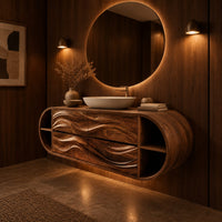 Oval floating cabinet with four carved wave panels and open end shelves in an evening bathroom with walnut wall paneling