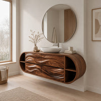 Oval floating cabinet with four carved wave panels and open end shelves in a Scandinavian bathroom with white walls