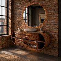 Oval floating cabinet with four carved wave panels and open end shelves in an industrial loft bathroom with exposed brick