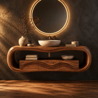 Oval loop bathroom vanity with a carved wave front in a dark studio against a charcoal plaster wall