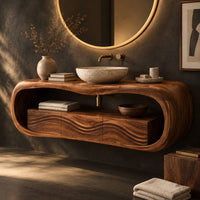 Corner detail of oval loop bathroom vanity with a carved wave front beside wood, brass and linen samples