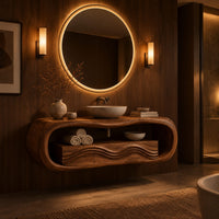 Oval loop bathroom vanity with a carved wave front in an evening bathroom with walnut wall paneling