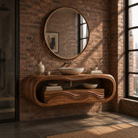 Oval loop bathroom vanity with a carved wave front in an industrial loft bathroom with exposed brick