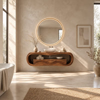 Oval loop bathroom vanity with a carved wave front in a bright open plan bathroom