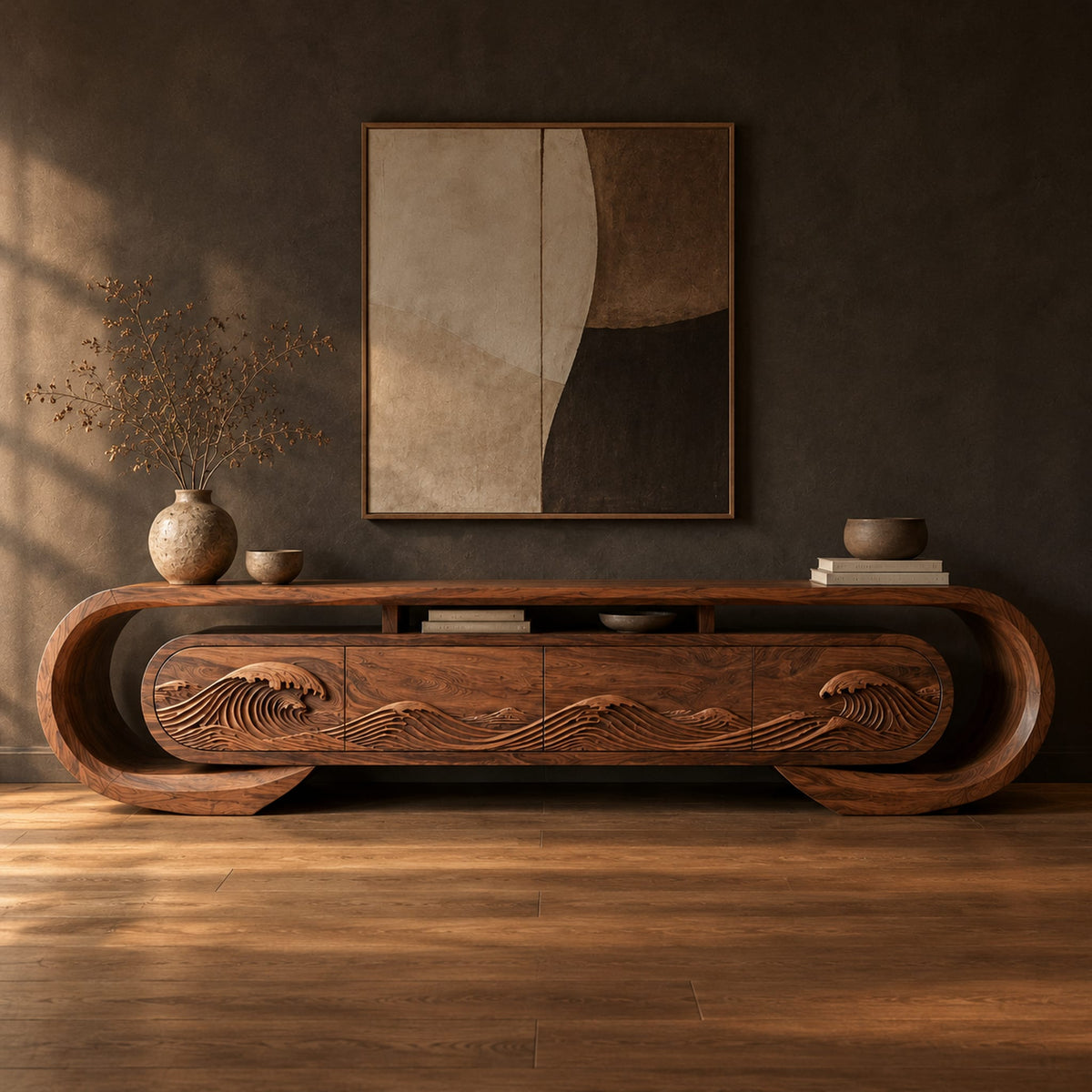 Oval loop frame tv stand with four wave carved fronts in a dark studio against a charcoal plaster wall