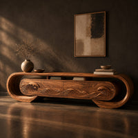 Oval loop frame tv stand with four wave carved fronts, three-quarter view showing the grain