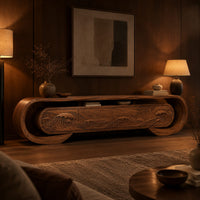 Oval loop frame tv stand with four wave carved fronts in an evening living room with walnut wall paneling
