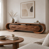 Oval loop frame tv stand with four wave carved fronts in a Scandinavian living room with white walls