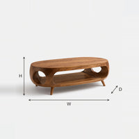 Oval Porthole Coffee Table with a Low Shelf and Tapered Legs dimension diagram with height, width and depth