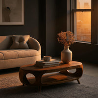 Oval porthole coffee table with a low shelf in a living room at golden hour