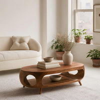 Oval porthole coffee table with a low shelf in a sunlit room with large windows and plants