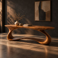Oval top desk on one continuous ribbon loop base with an open center, three-quarter view showing the grain