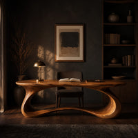 Oval top desk on one continuous ribbon loop base with an open center in a dark home office at golden hour